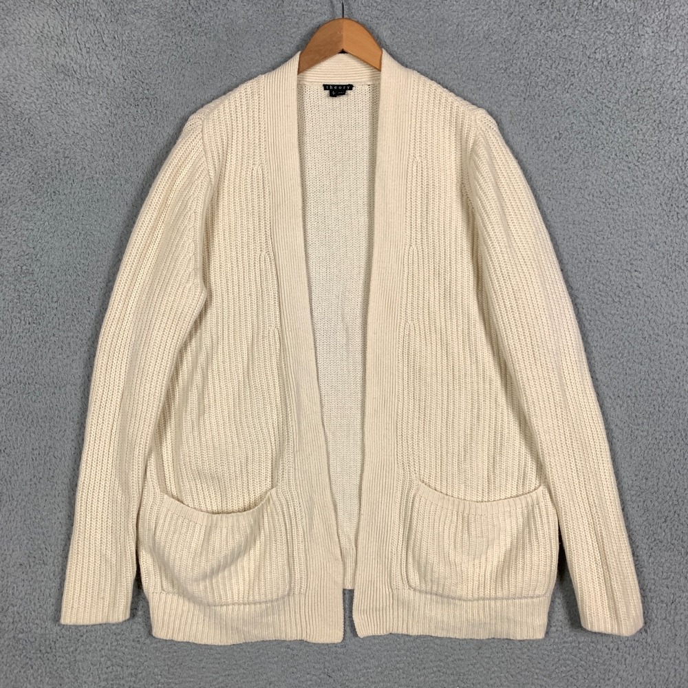 Theory Marianela Cardigan Women's Large Ivory Wool Cashmere Rib Knit Open Front